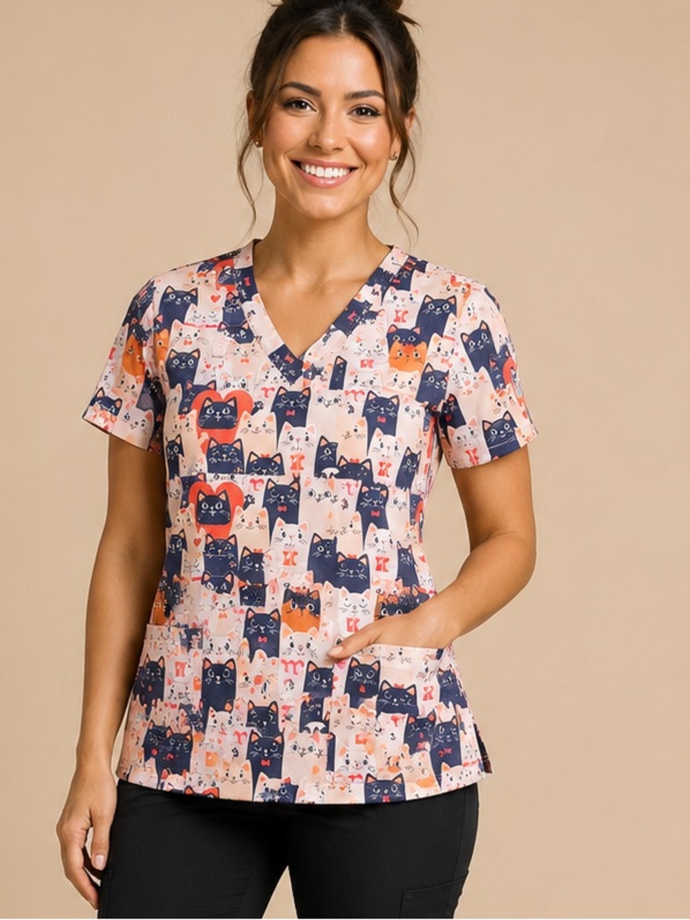 Women’s Small Orange & Black Cat Print Scrub Top